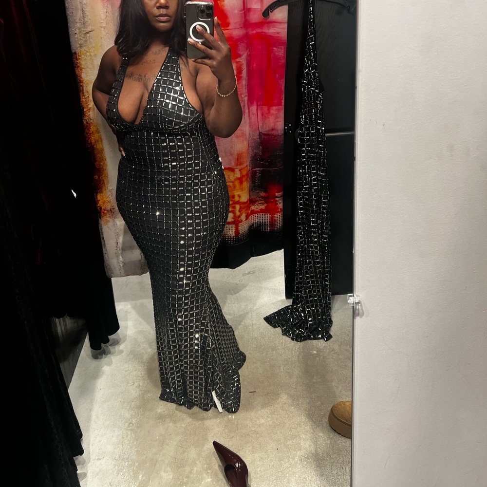 AKIRA Black Sequin Plunging Halter Maxi Dress